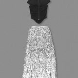 Black Fishbone Top Sequin Mesh Long Skirt Set