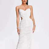 Women V Neck White Pearl Beading Maxi Dress