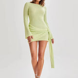 Floral Draped Open Back Knit Long Sleeve Mini Dress