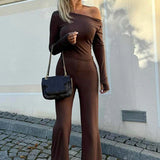 One Shoulder Flare Sleeve Top Long Pant Suit