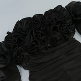 Black Mesh Full Sleeve Ruffles Mini Dress