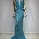 Halter Blue Sequins Sparkly Glitter Maxi Dress