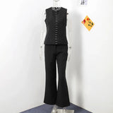 Solid Sleeveless Vest High Waist Straight Pant Suit