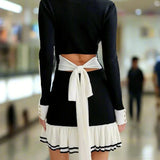 Ruffled Contrast Bow Open Back Lace-Up Knit Mini Dress