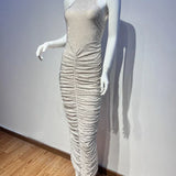 Halter Neck Backless Crystal Folds Long Dress