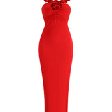 Red Flower Ruffles Strap Maxi Dress