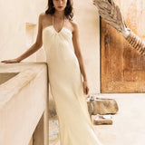 Solid Backless Halter Knit Slit Maxi Dress