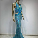 Halter Blue Sequins Sparkly Glitter Maxi Dress