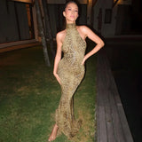 Halter Leopard Embellished Long Dress