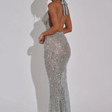 Open Back Sequins Sparkling Halter Maxi Dress