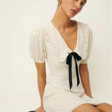 Short Puff Sleeve Bow Detail Dots Print Mini Dress