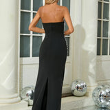 Black Strapless Pearls Beaded Embellished Maxi Dress