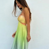 Satin Gradient Pleated Sleeveless Maxi Dress