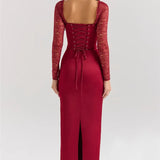 Square Collar Lace-Up Backless Long Sleeve Maxi Dress