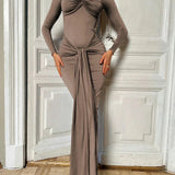 Long Sleeve Pleated Draped Maxi Dress