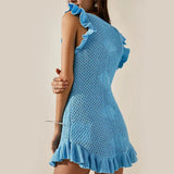 Ruffled Crochet Hollow Out Knit  Beach Mini Dress