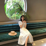 Women Cotton Patchwork Lace Dresses V-Neck Lantern Sleeve Maxi Dress
