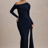 Skew Collar Long Sleeve Maxi Dress