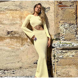 Knitted Hollow Out Solid O-neck Slit Maxi Dress