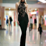 Halter Neck Lace Patchwork Black Maxi Dress