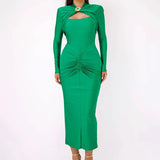Long Sleeved Pleated Hollowed Out Maxi Dress