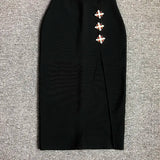 Black Metal Cross Brooch Design Strap Bandage Slit Midi Dress