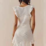 Ruffled Crochet Hollow Out Knit  Beach Mini Dress