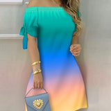Women Off Shoulder Summer Mini Dress Short Sleeve Bow Tie Striped Plaid Floral Vestidos