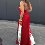 Lace Satin Patchwork High Split Maxi Dress