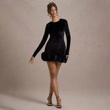 Velvet 3D Pleated Hem Long Sleeve Dress