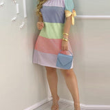 Women Off Shoulder Summer Mini Dress Short Sleeve Bow Tie Striped Plaid Floral Vestidos