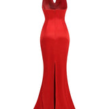 Swinging Collar Backless Pleated Red Stain Maxi Dress