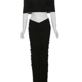 Solid Slash Neck Ankle-Length Skirt Suit