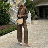 Long Sleeved Silk Geometric Shirt High Waist Pant Set