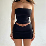 Elegant Strapless Solid Crop Top and Skirt 2 Piece Set