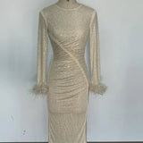 Long Sleeve Feathers Rhinestone Midi Dress