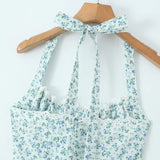 Floral Bow Halter Neck Lacing Up Midi Dress