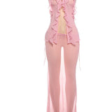 Mesh Irregular Ruffles Backless Tops and Long Skirts Suits