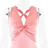 V Neck Sleeveless Satin Bow Backless Maxi Dress