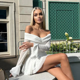 Solid Folds Long Flare Sleeves White Mini Dress