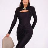 Long Sleeved Pleated Hollowed Out Maxi Dress
