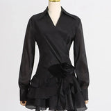 Appliques Ruffles Draped Long Sleeve Dress