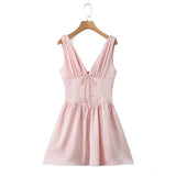 Stain Pleated Ruched Strap Bow Folds Hem Mini Dress