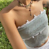 Mesh Patchwork Y2K Retro Tube Cropped Clubwear Summer  Sexy See Through Strapless Tank Mini Vest Crop Tops