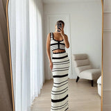 Striped Contrast Knitted Top and Long Skirt Set