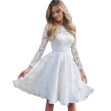 Women Sexy White Lace Hook Flower Hollow Patchwork Boho Long Sleeve Dresses Wedding Party