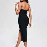 Black Metal Cross Brooch Design Strap Bandage Slit Midi Dress