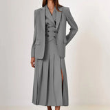Notched Collar Pleated Skirt Suit Two Piece Sets