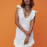 Ruffled Crochet Hollow Out Knit  Beach Mini Dress