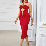 Red Metal Strapless Design Bodycon Midi Dress